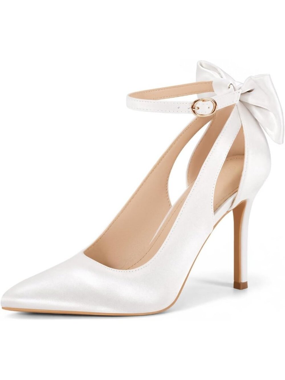 Women's White Pointed Toe High Heels Ankle Strap Pumps Bowtie Back Dress Shoes